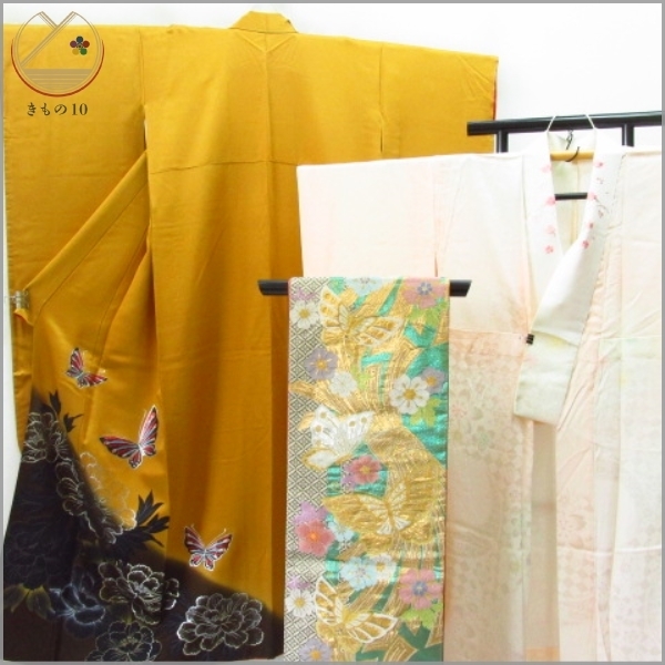 ★着物10★ 1円 逸品!! 絹 振袖 銀彩 牡丹 舞蝶 花園 暈し 襦袢・袋帯セット 袷 身丈160cm 裄62.5cm [同梱可] ☆☆☆☆☆