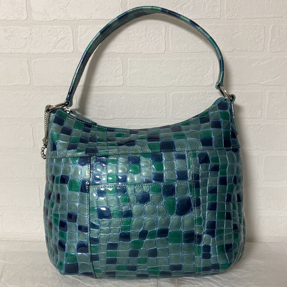 美品 GENUINE オーストリッチ 本革 バイカラー ハンドバッグ ブラック 