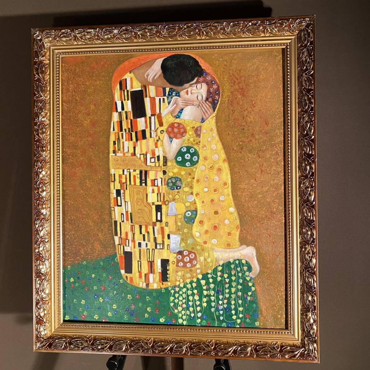 ☆秀作☆ 手書き油絵 クリムト 接吻 キス 絵画 額付き インテリア 油彩