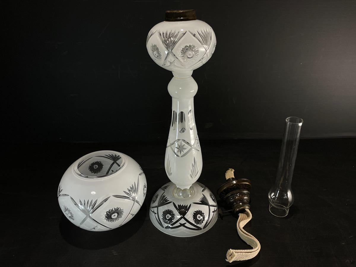 武明治～大正時代 赤色ガラス オイルランプ 切子 乳白 2025年最新 204