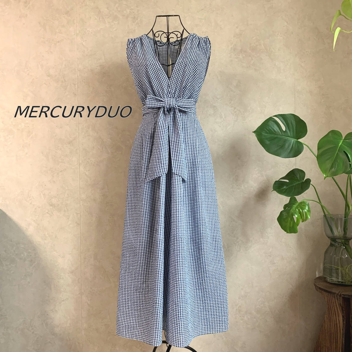 【美品】MERCURYDUO マーキュリーデュオ ギンガムリラックスワイドオールインワン ネイビー フリーサイズ 001720303201　