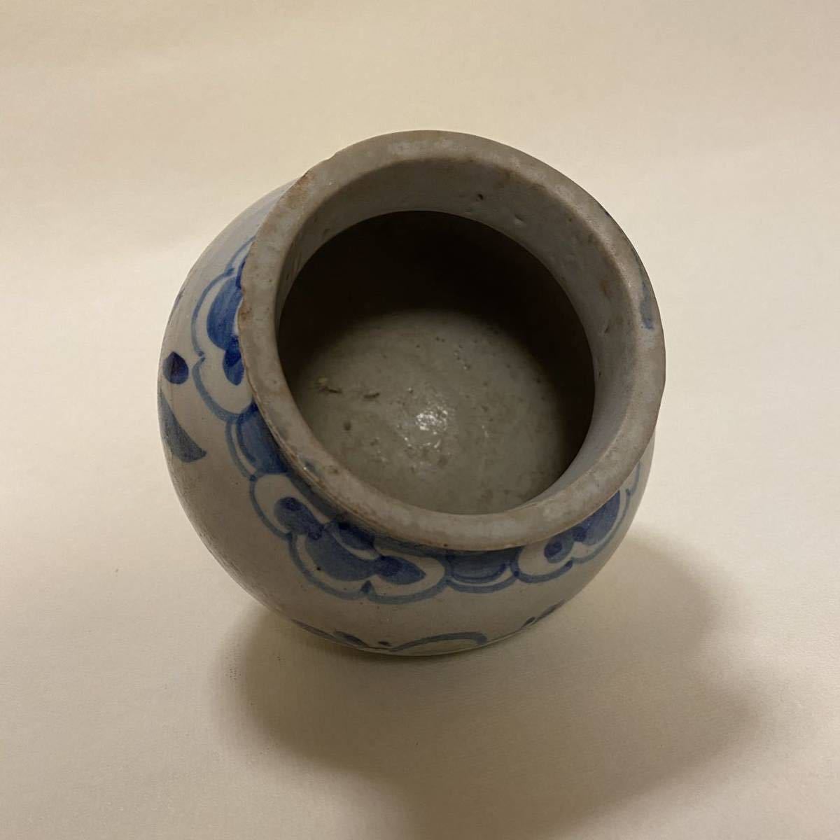 李朝 青花 花文壺◎染付 白磁 朝鮮美術 小壺 壺 朝鮮古陶磁 MN0426