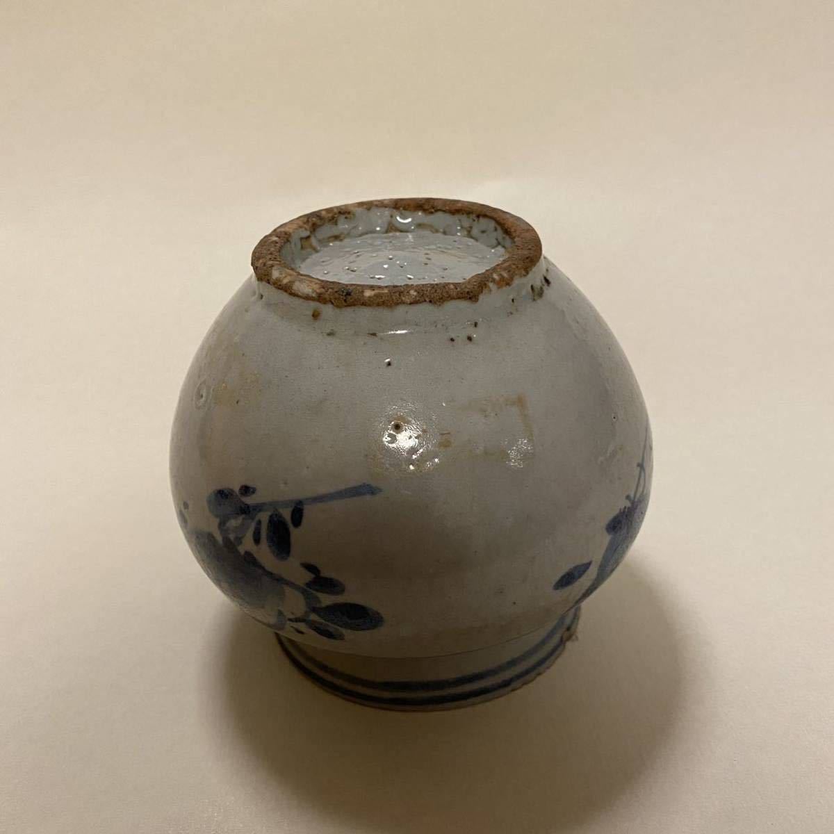 李朝 染付 小壺 朝鮮美術 壺 古道具 アンティーク 青花 茶道具 李朝 青花 花文壺◎染付 白磁 朝鮮美術 小壺 壺 朝鮮古陶磁 MN0426