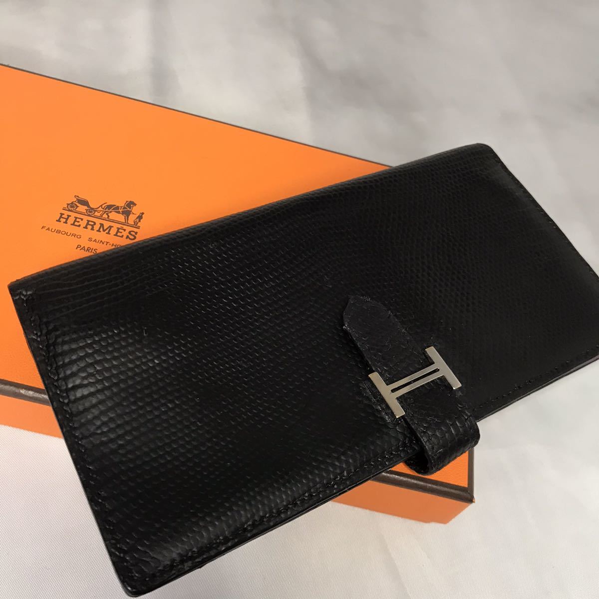 【 HERMES 】エルメス リザード ベアン 長財布 ベアンスフレ ブラック 黒 ピンク エキゾチックレザー H金具