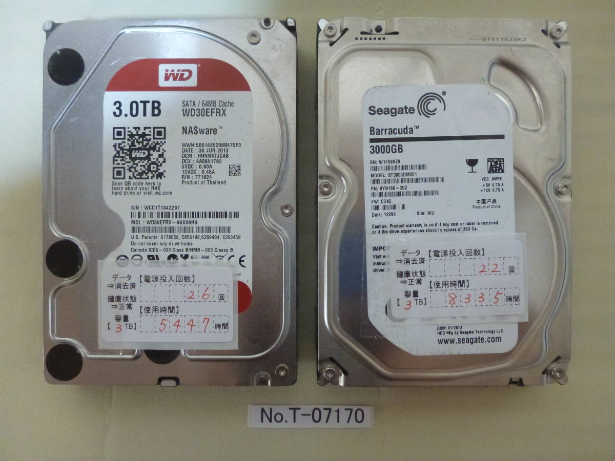 管理番号 T-07170 / HDD/2個セット/3.5インチ/3TB/データ消去済み 
