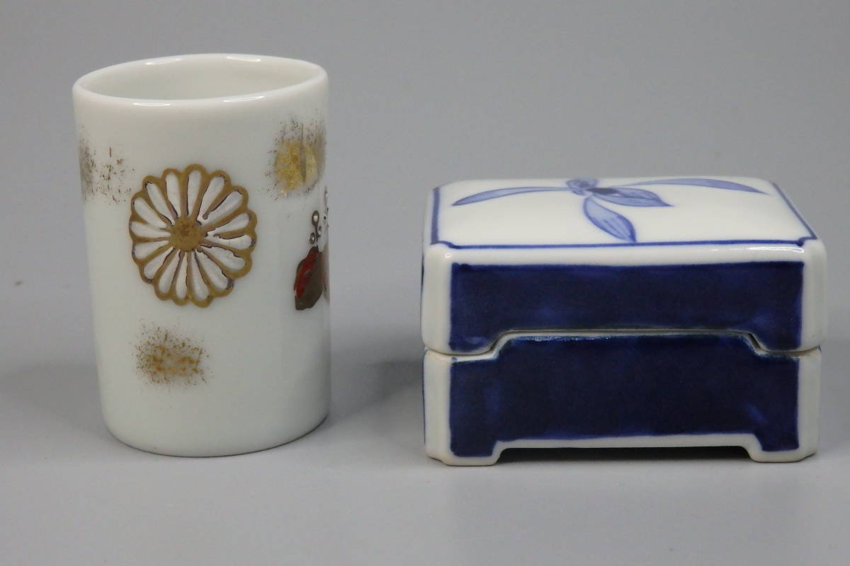 平安和峰　染付　香合　茶巾入れ２点　在銘　　陶器　煎茶器　煎茶道具　青華