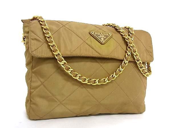 プラダ PRADA 金 ゴールド チェーン ハンドル ナイロン ハンドバッグ PRADA プラダ 1円 テスートナイロン レザー ゴールド金具 美品