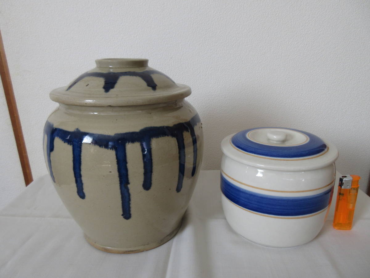 ☆　古道具　陶製　蓋付き　甕（かめ）　昭和レトロ　希少　☆ ☆昭和レトロ 陶器製 蓋付き かめ/甕/カメ 2個 ☆保存容器/壷/つけもの