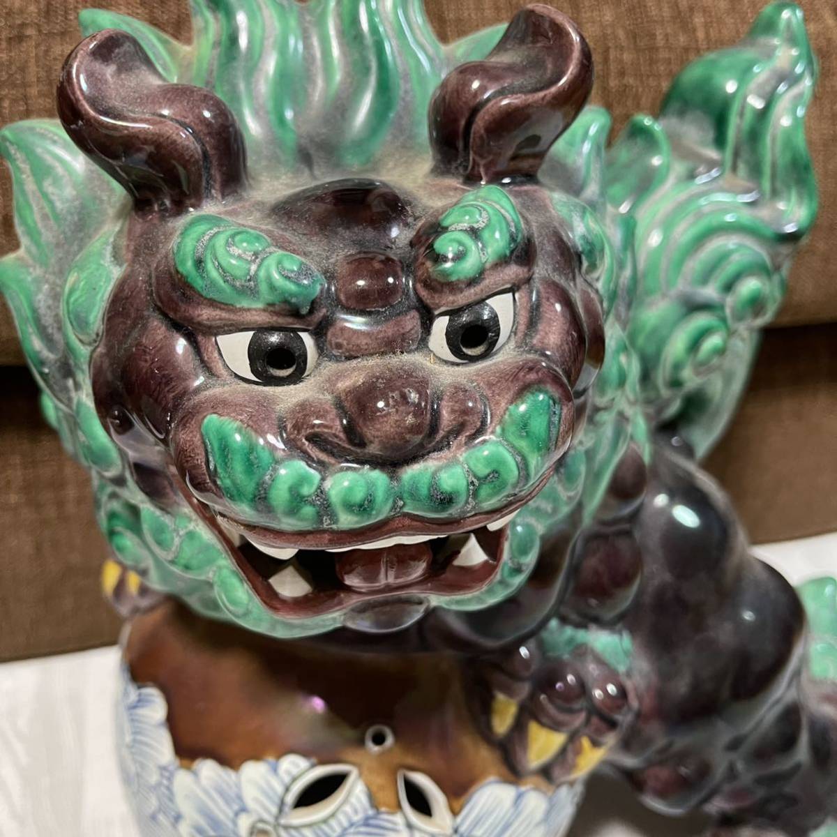 置物 縁起物 魔除け 九谷焼 獅子 狛犬 玉乗り獅子 シーサー 在銘 魔