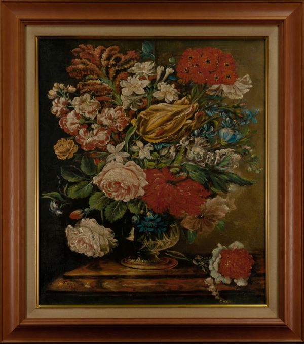 ☆【藤田嗣治】肉筆 油彩『花』表サイン 裏書(印譜) 東郷青児鑑定証 F10号