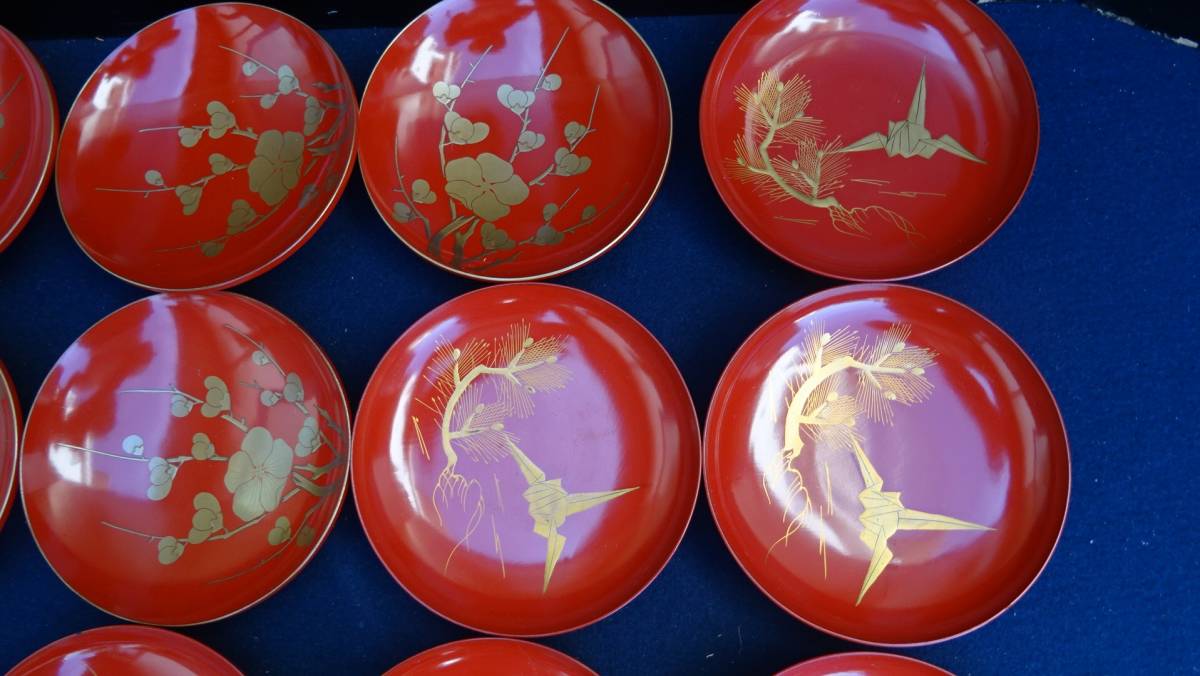 CM374時代木製漆器 光琳写 金蒔絵 群鶴図 朱塗 引盃 五客 小皿 杯