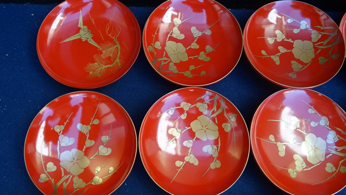 CM374時代木製漆器 光琳写 金蒔絵 群鶴図 朱塗 引盃 五客 小皿 杯