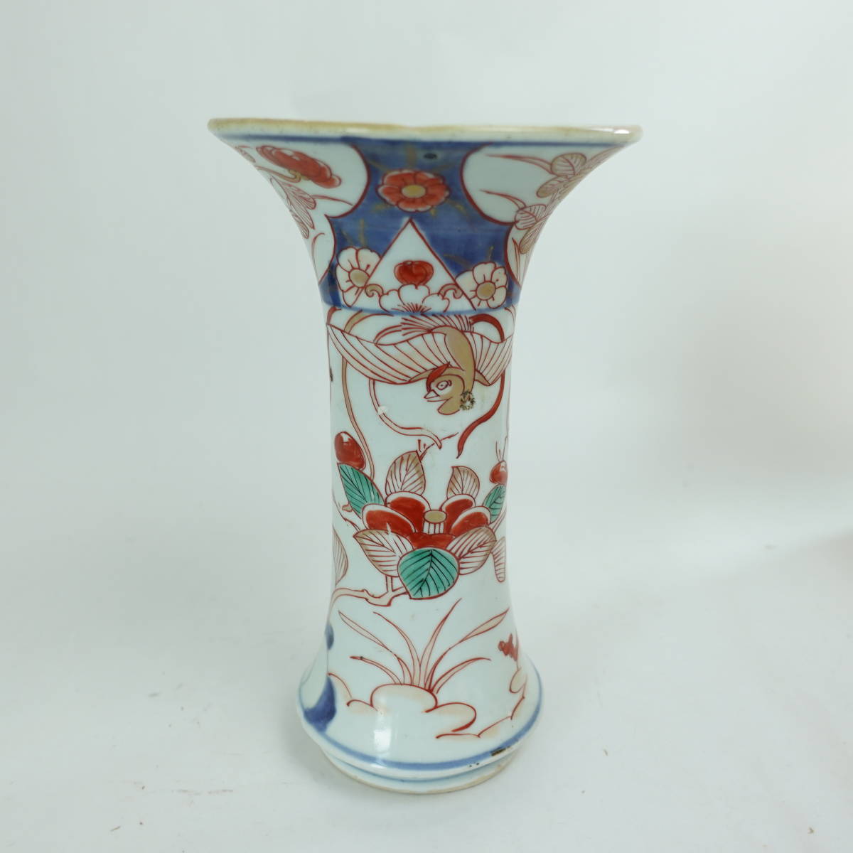 古伊万里 蕪無し花入 染錦 椿鳳凰文 / 色絵 花瓶 骨董 時代物(染錦