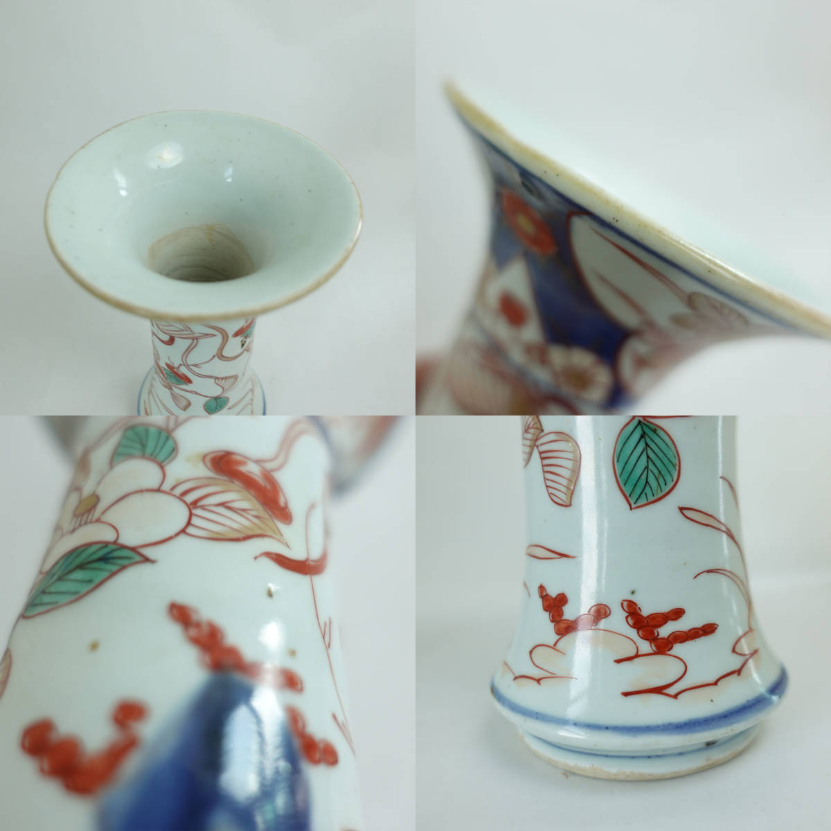 古伊万里 蕪無し花入 染錦 椿鳳凰文 / 色絵 花瓶 骨董 時代物(染錦