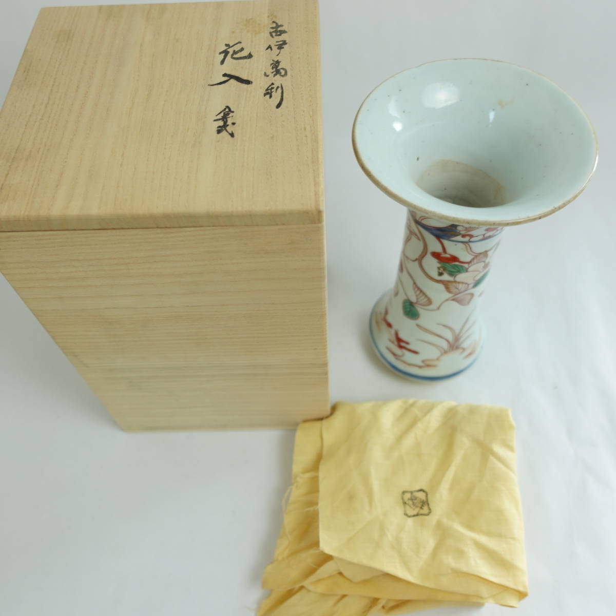 古伊万里 蕪無し花入 染錦 椿鳳凰文 / 色絵 花瓶 骨董 時代物(染錦