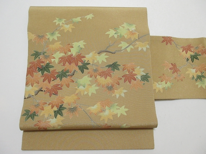 ドークブア■九寸名古屋帯 秀美 縮緬地 紅葉 朽葉色 極上の逸品 A20 名古屋帯 秀美 十日町友禅 こうはくし)作 熊谷好博子(くまがい 九寸