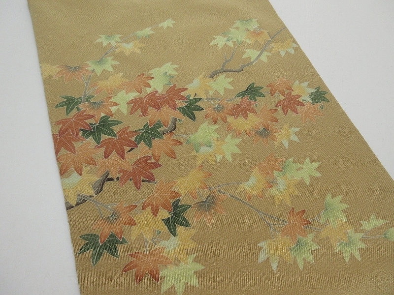 ドークブア■九寸名古屋帯 秀美 縮緬地 紅葉 朽葉色 極上の逸品 A20 名古屋帯 秀美 十日町友禅 こうはくし)作 熊谷好博子(くまがい 九寸
