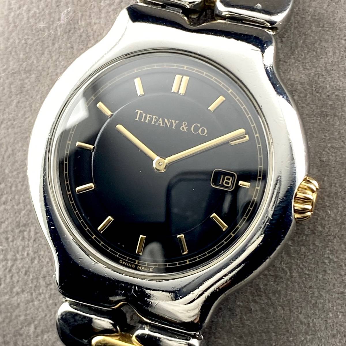 【1円～】TIFFANY & Co ティファニー 腕時計 メンズ 18K×SS ティソロ ブラック文字盤 M0112 訳有 デイト 可動品