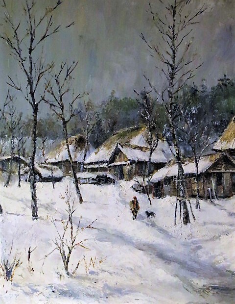 絵画の風】 真作保証 佐間田敏夫 「田舎冬景色」 油彩 F8号 特選