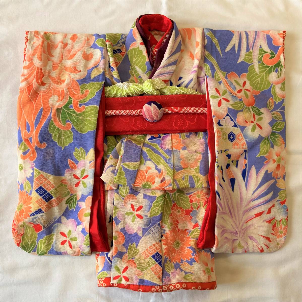 人形の着物(10号相当) 縮緬錦紗 薄花色地、鞠 花とりどり 半襦袢/帯