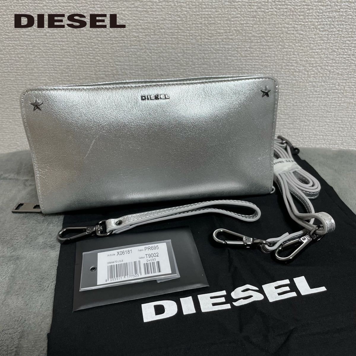 新品 未使用 タグ付き 人気★定価26，400円 20dc DIESEL ディーゼル レザー ショルダーウォレット 長財布 羊革 ストラップ付き シルバー