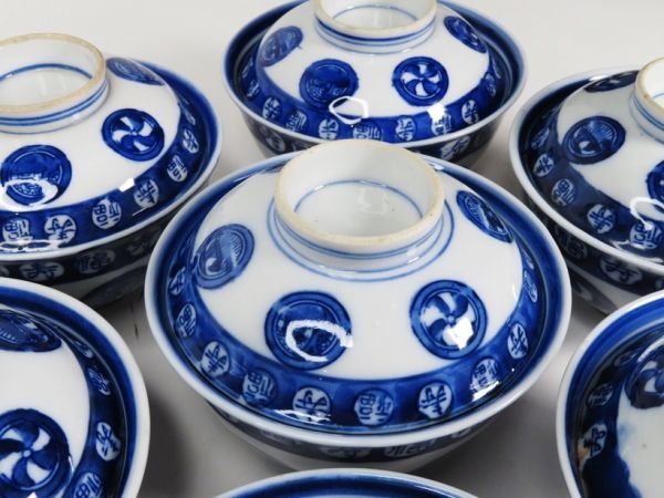 染付 青華 九客 - 煎茶 9客 中国古陶磁 菊弁文 蓋碗