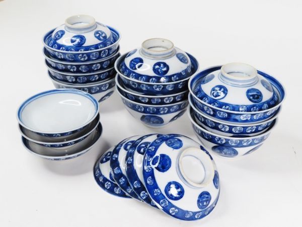染付 青華 九客 - 煎茶 9客 中国古陶磁 菊弁文 蓋碗