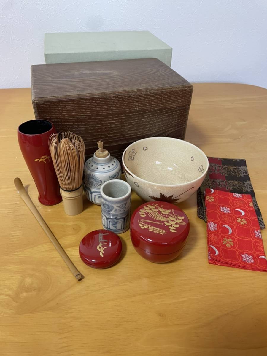 茶箱点前 女桑 利休茶箱揃 一式揃 茶道具 茶箱 紙箱 A-076 状態