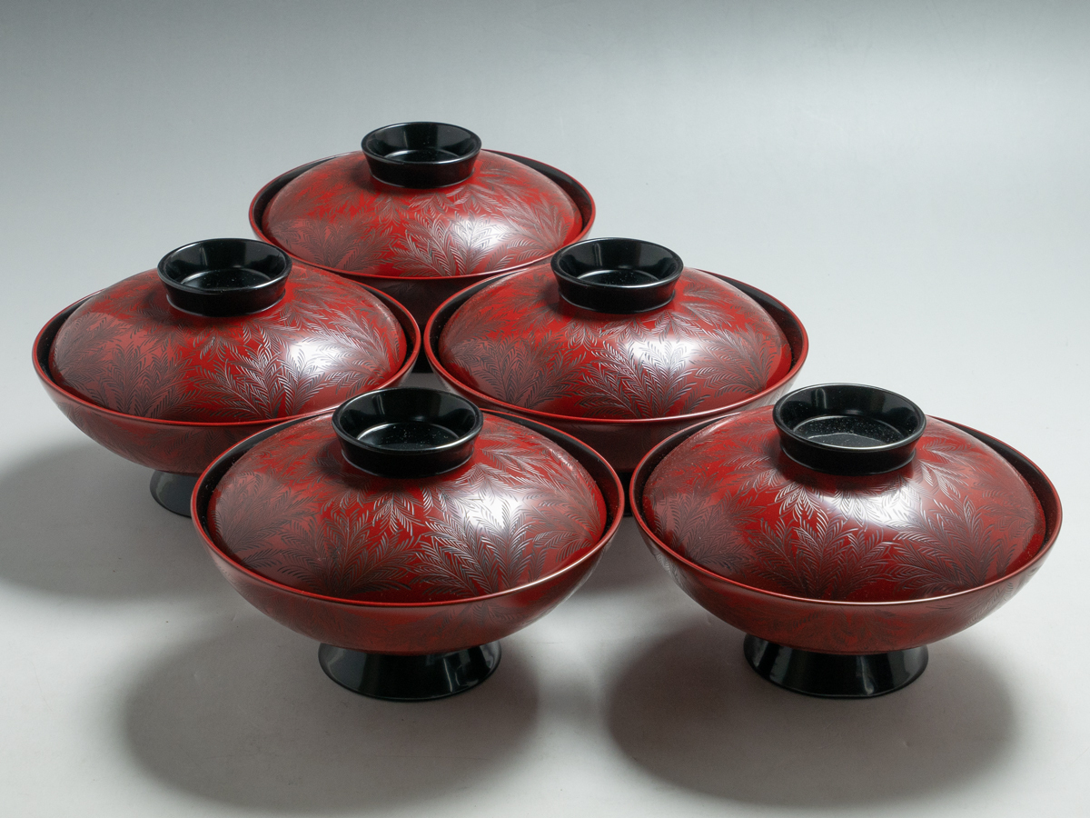 輪島塗 吸物椀 - 天然木製漆塗 輪島屋 萩蒔絵 5客セット 生活 漆器 （