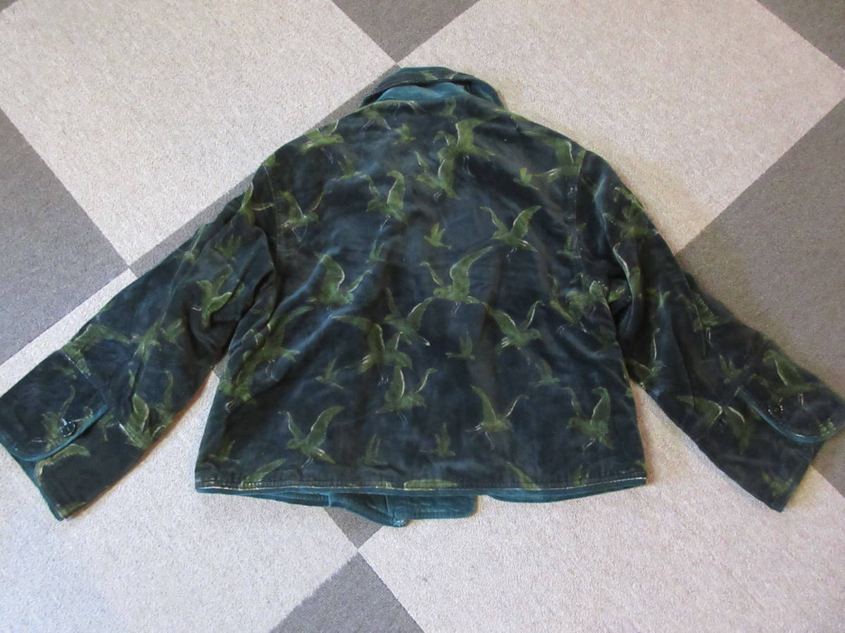 70ｓ80ｓヴィンテージ高田賢三 KENZOベルベットジャケット 総柄鳥チャイナ 70s80s KENZO ベルベット 総柄 ジャケット 緑 鳥 DESSIN FRANCAIS