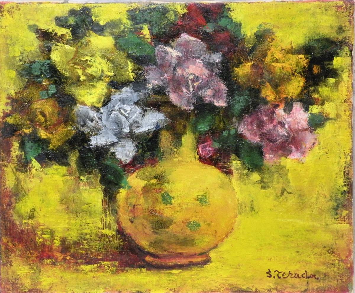 真作】絵画 「模写」作者不明『春の花束』静物画　油彩画　額装　サイン有り　F6号 油彩6号 フラワースタンド 窓辺の装飾画 花瓶の花 静物画 絵画