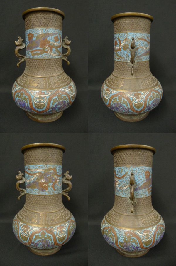 中国古美術 龍鳳文彫刻壺と容器セット 共箱 描金 純銅製 花瓶揃 供養用