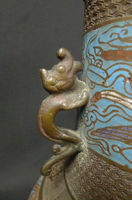 中国古美術 龍鳳文彫刻壺と容器セット 共箱 描金 純銅製 花瓶揃 供養用