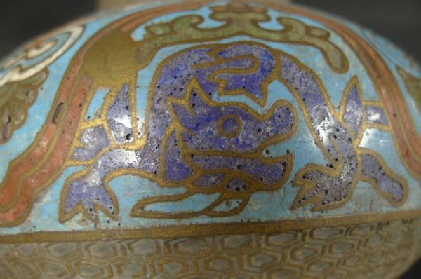 中国古美術 龍鳳文彫刻壺と容器セット 共箱 描金 純銅製 花瓶揃 供養用