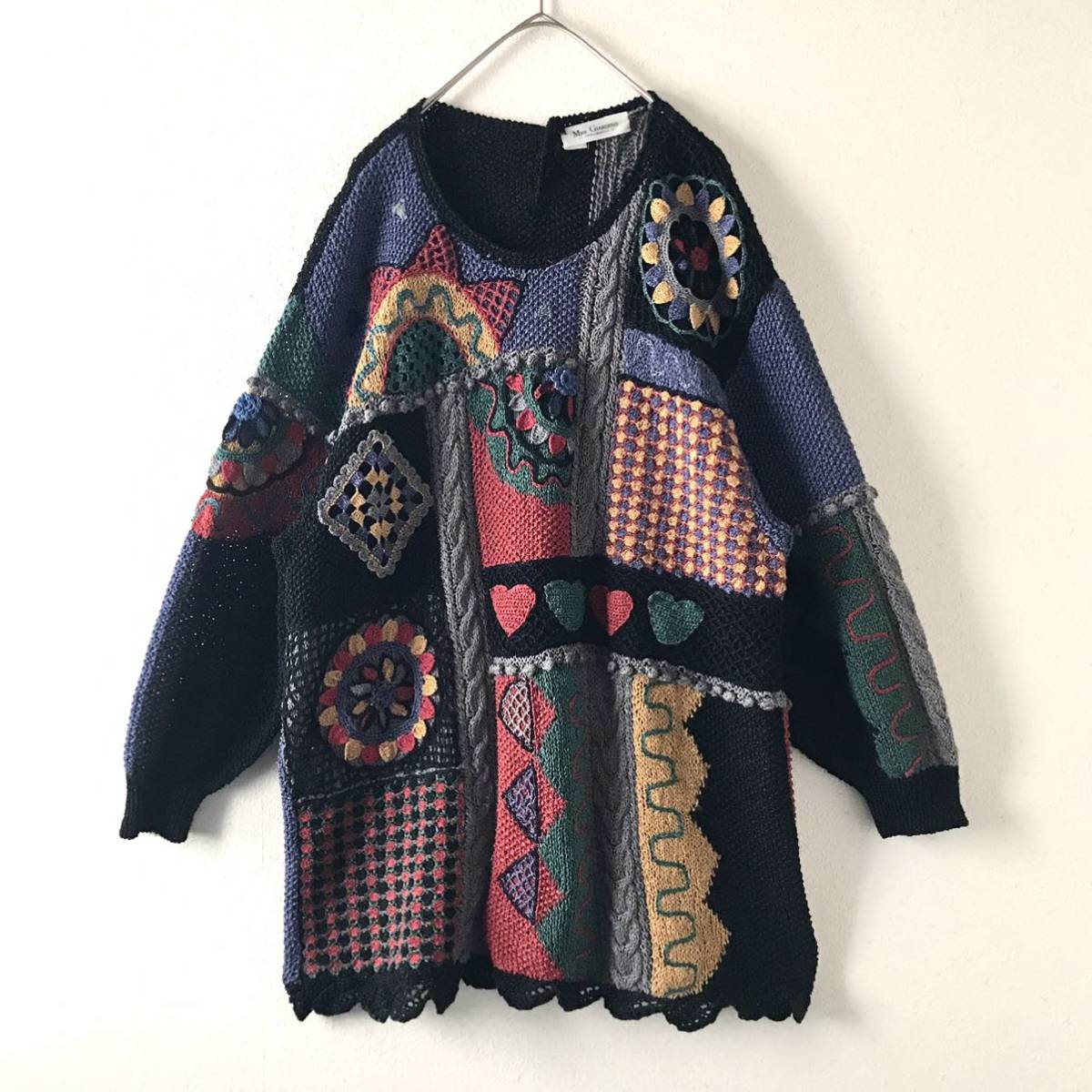 希少】ビンテージ刺繍 デザインニット パッチワーク 個性的 派手 