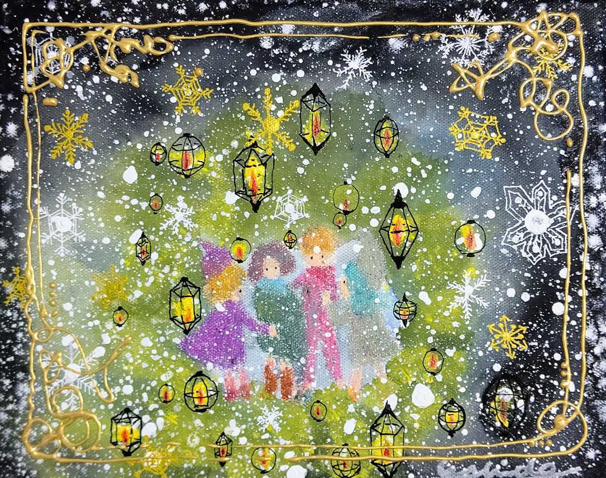 新藤淑子☆原画【雪降る真夜中】1点物。真作。キャンバスF3号。直筆  