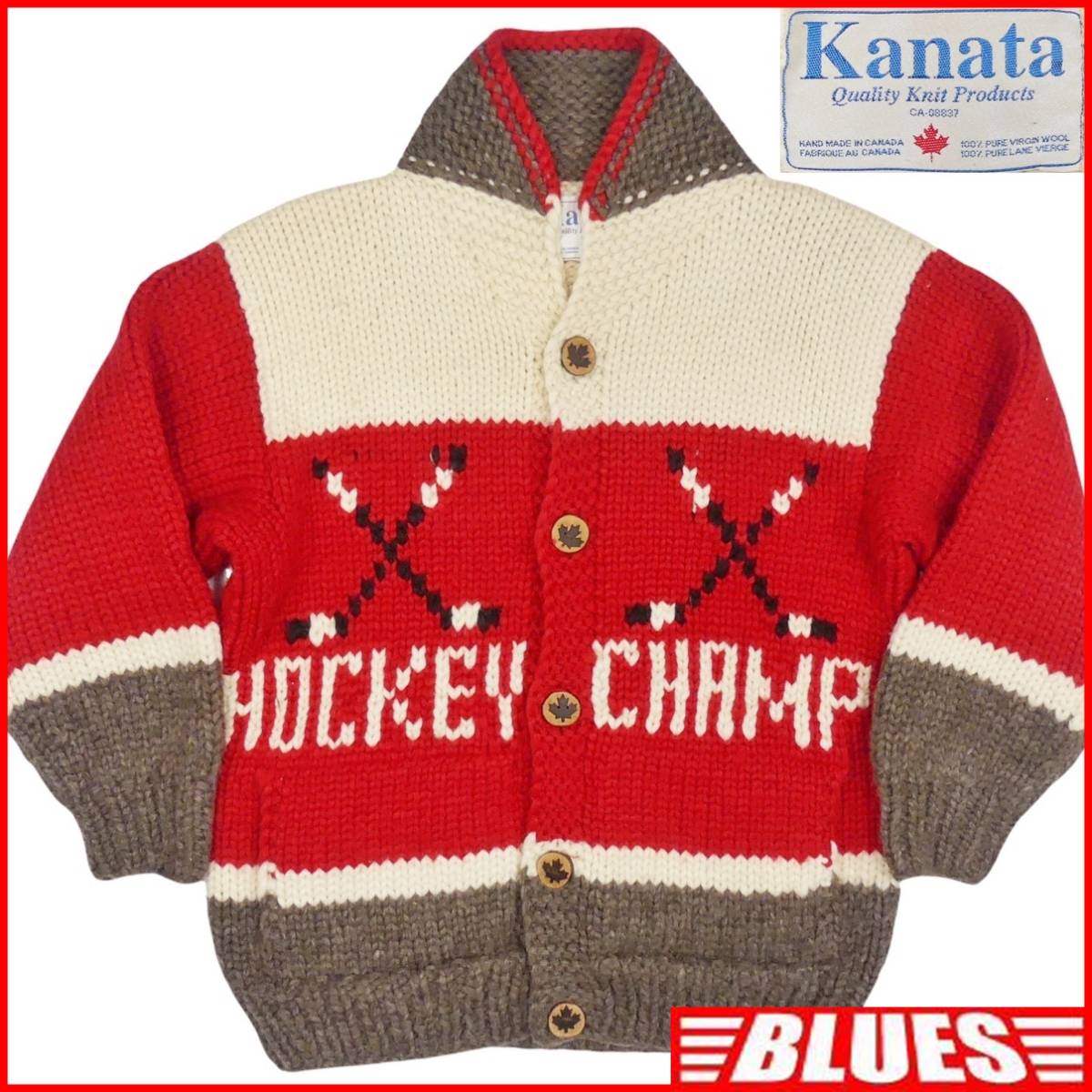 即決★カナダ製 KANATA★メンズL位 カウチンセーター カナタ アイスホッケー ウール カーディガン メイプルボタン ニット セーター