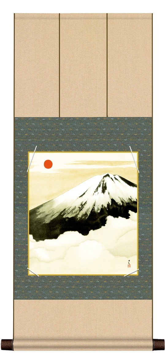 掛軸 横山大観『霊峰富士』高精細巧芸画+手彩入り 色紙掛け 掛け軸