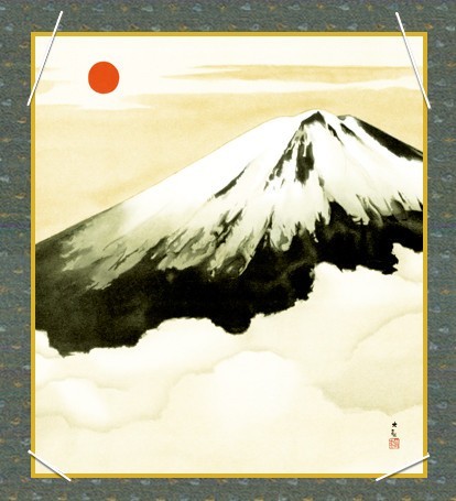 掛軸 横山大観『霊峰富士』高精細巧芸画+手彩入り 色紙掛け 掛け軸
