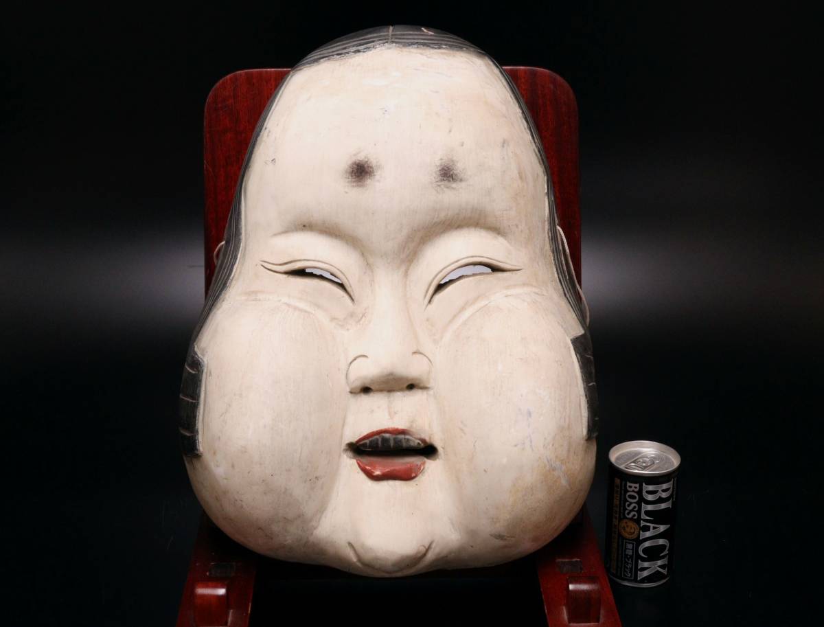 M 時代物 木彫 お多福 お面 高さ38.5cm お面 楠面 古色お多福