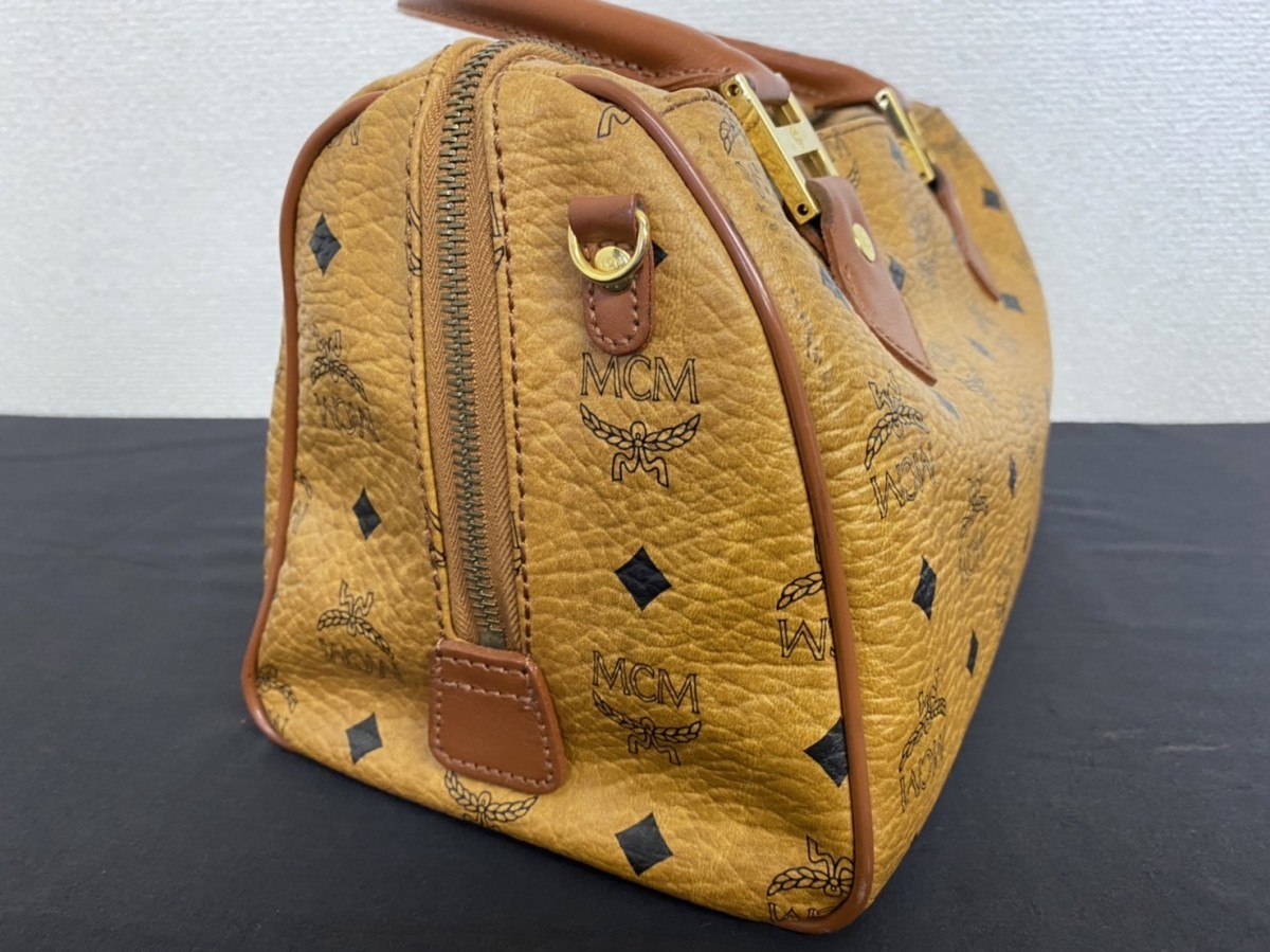 比較的美品 MCM エムシーエム ミニボストンバッグ 総ロゴ柄 レザー 