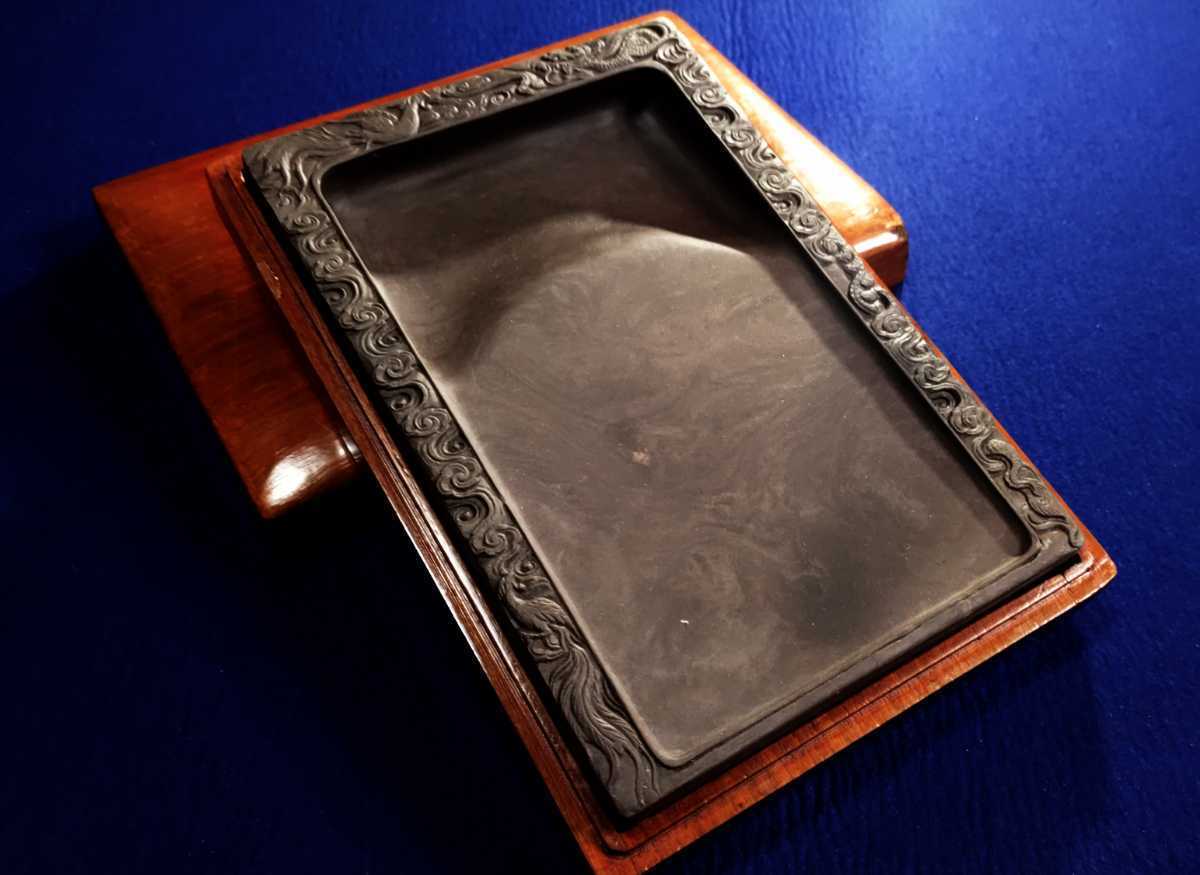 天然石 硯 木蓋付 約13cm 書道具 文房四宝 書家愛用品 硯 蓋付き」の