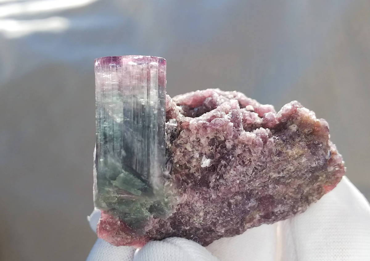 バイカラートルマリン on レピドライト ブラジル産 リシア電気石