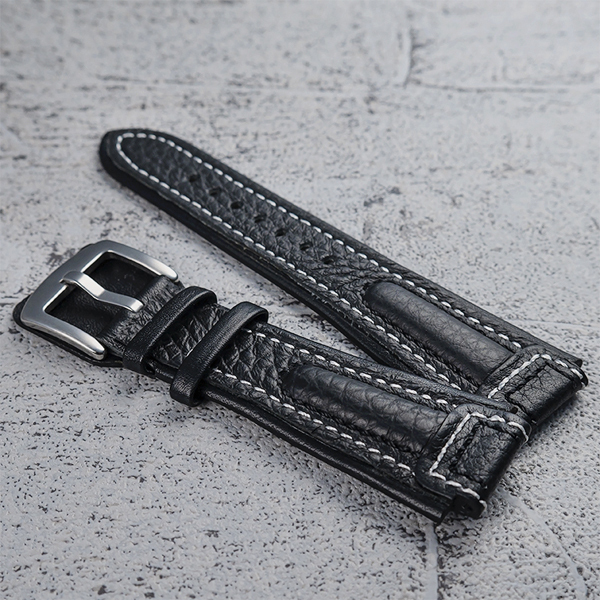 ●本革製 牛革 腕時計用 交換ベルト 特注【WANCHER/ワンチャー】軍用 パイロット時計 ブラック 黒 20mm 肉厚5mm 白ステッチ 新品/K716＊