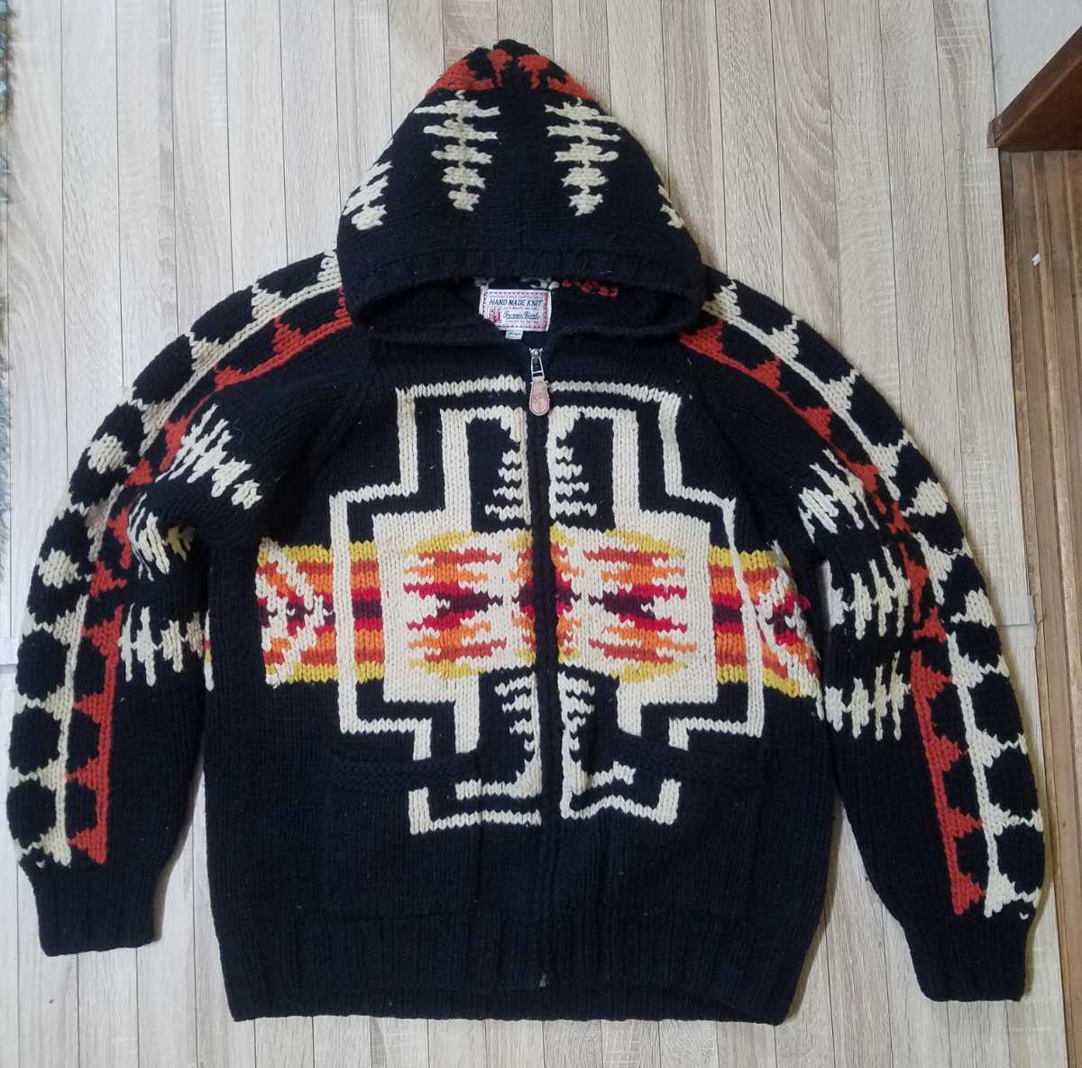 HAND MADE KNIT オルテガ柄 フード付きカウチンセーター Lサイズ(L 
