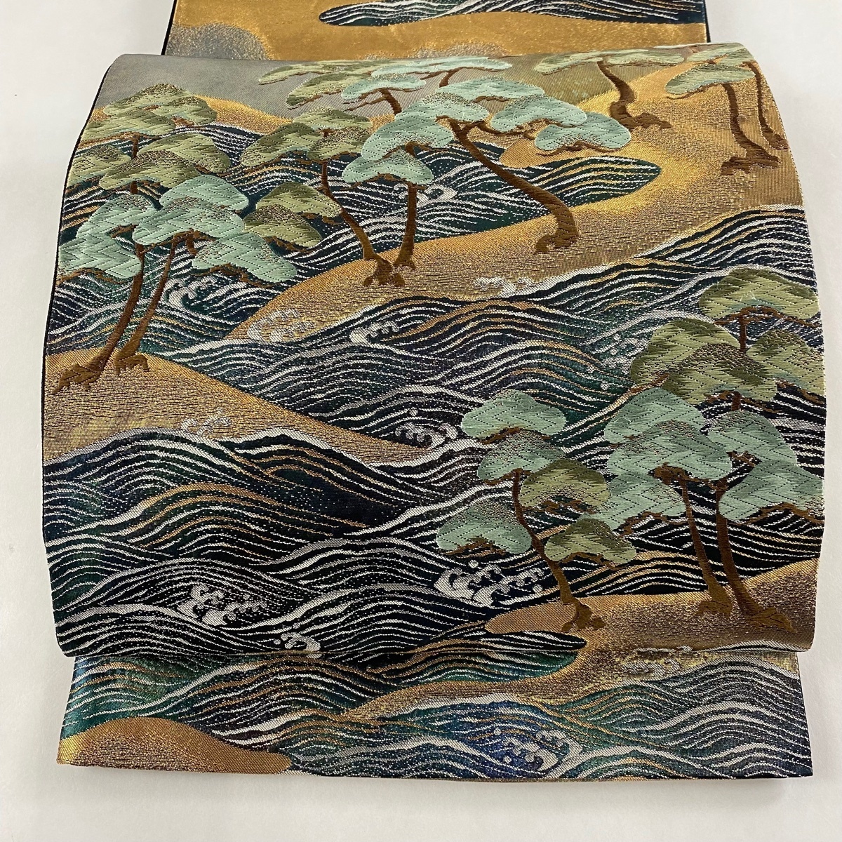袋帯 六通 秀品 箔 美品 金銀糸 正絹 中古 草花 若松 緑 正絹