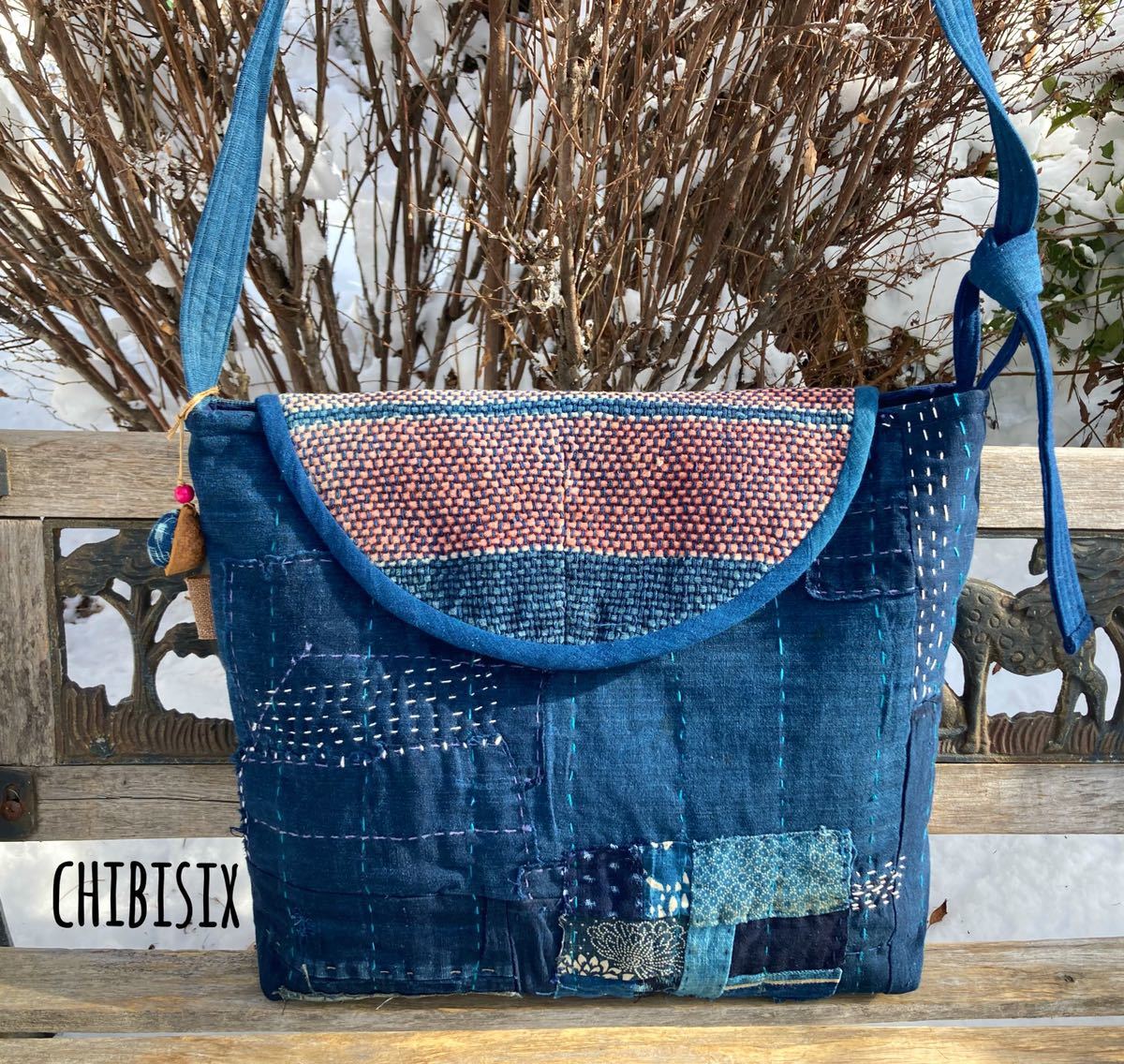 古布 消防半纏リメイク 刺し子織 ショルダーバッグ 小高い 