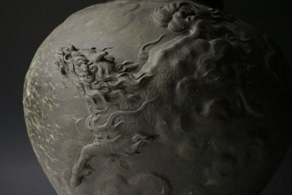 海一乗軒 大島 如雲 作 鋳銅 瓢蝸牛 彫刻 花瓶 唐木台付 共箱 本物