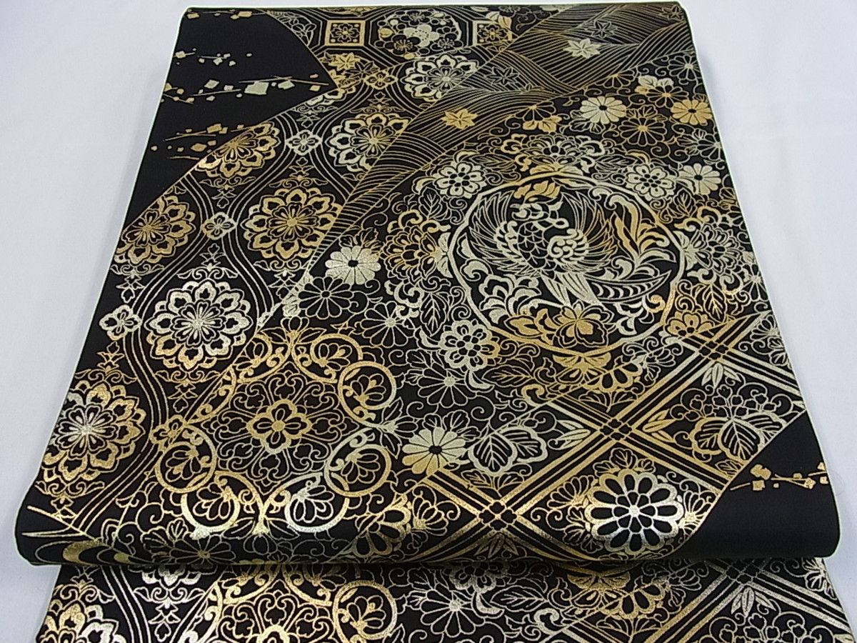 平和屋着物□六通柄袋帯 鳳凰吉祥花文 黒地 金銀彩 逸品 平和屋着物□六通柄袋帯 鳳凰吉祥花文 黒地 金銀彩 逸品
