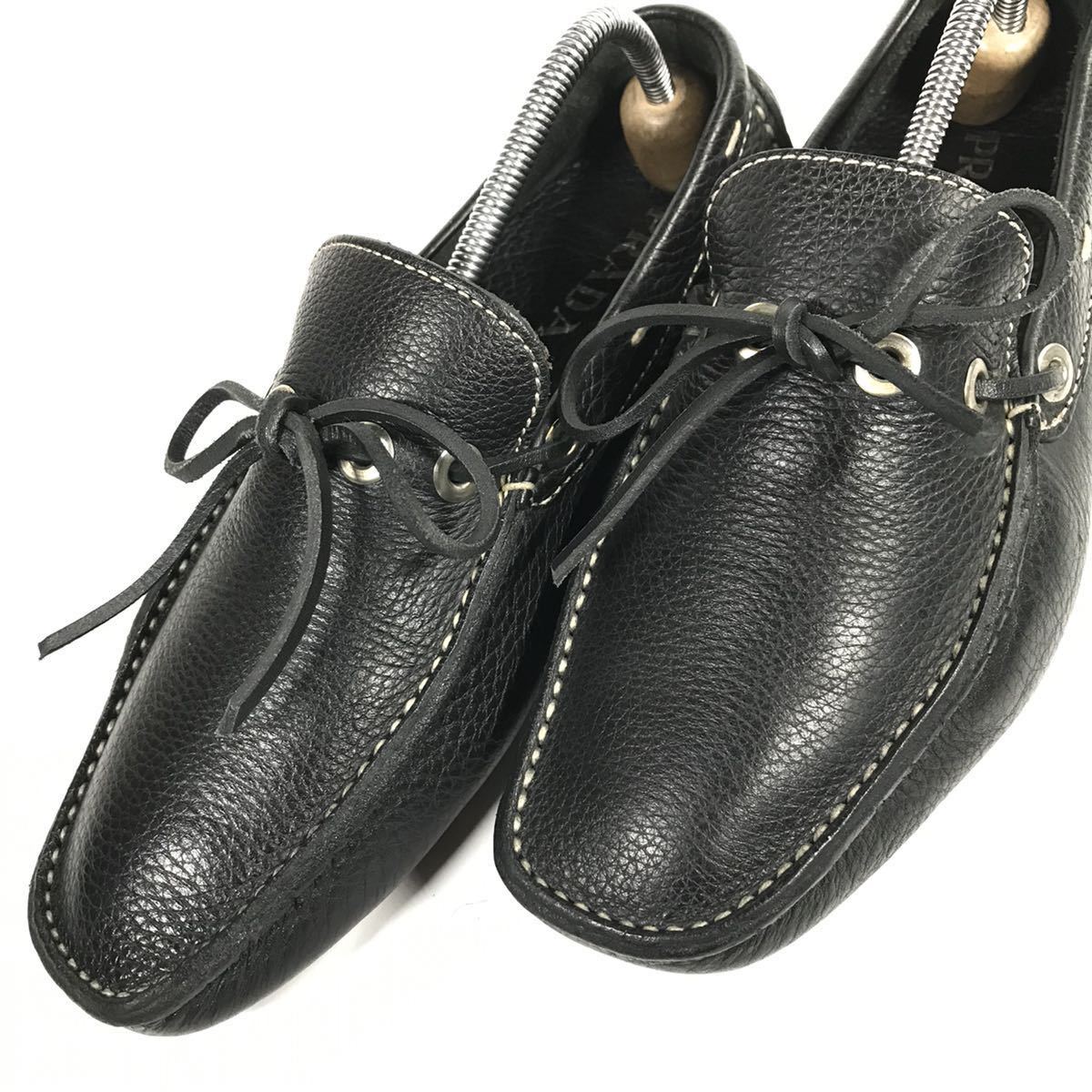 ブランド別 プラダ本物 PRADA 靴 26.5cm 黒 ロゴモチーフ ドライビング